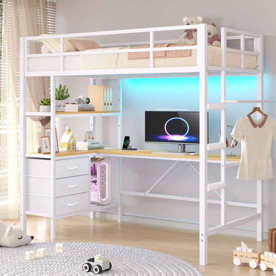 DICTAC | Loft Bed with L-Shaped Desk, Charging Station, LED Lights, Storage Shelves & Drawers - White