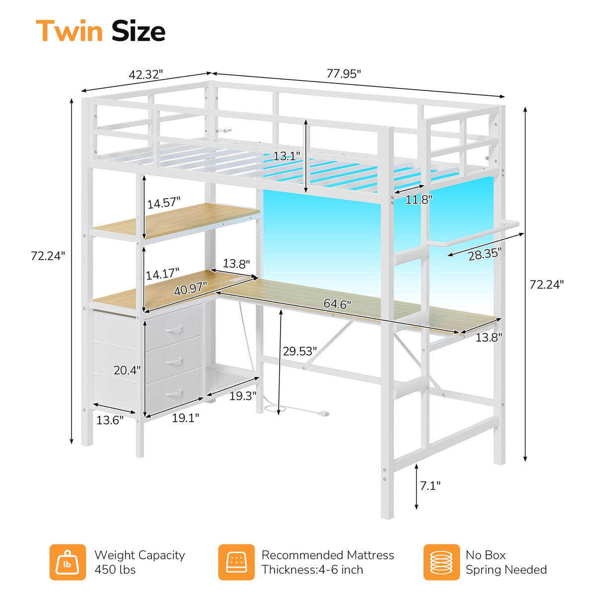 DICTAC | Loft Bed with L-Shaped Desk, Charging Station, LED Lights, Storage Shelves & Drawers - White