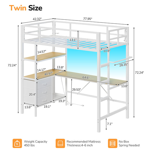 DICTAC | Loft Bed with L-Shaped Desk, Charging Station, LED Lights, Storage Shelves & Drawers - White
