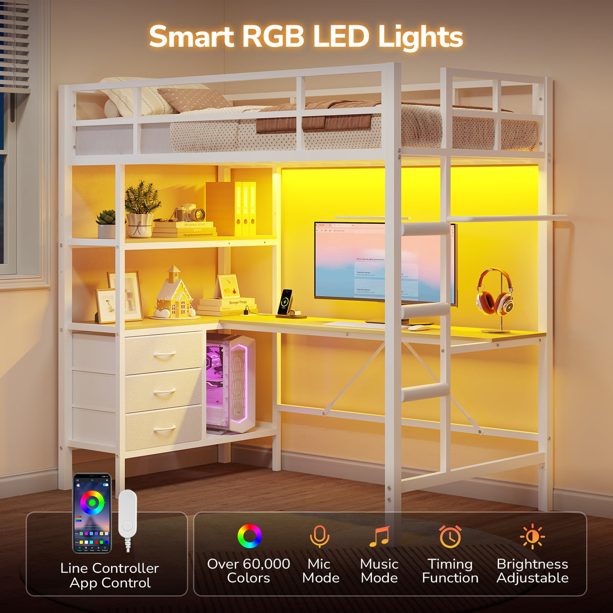 DICTAC | Loft Bed with L-Shaped Desk, Charging Station, LED Lights, Storage Shelves & Drawers - White