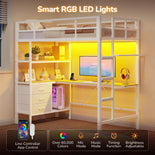 DICTAC | Loft Bed with L-Shaped Desk, Charging Station, LED Lights, Storage Shelves & Drawers - White