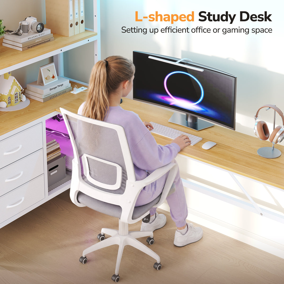 DICTAC | Loft Bed with L-Shaped Desk, Charging Station, LED Lights, Storage Shelves & Drawers - White