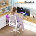 DICTAC | Loft Bed with L-Shaped Desk, Charging Station, LED Lights, Storage Shelves & Drawers - White