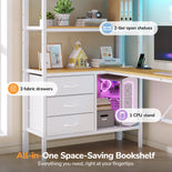DICTAC | Loft Bed with L-Shaped Desk, Charging Station, LED Lights, Storage Shelves & Drawers - White