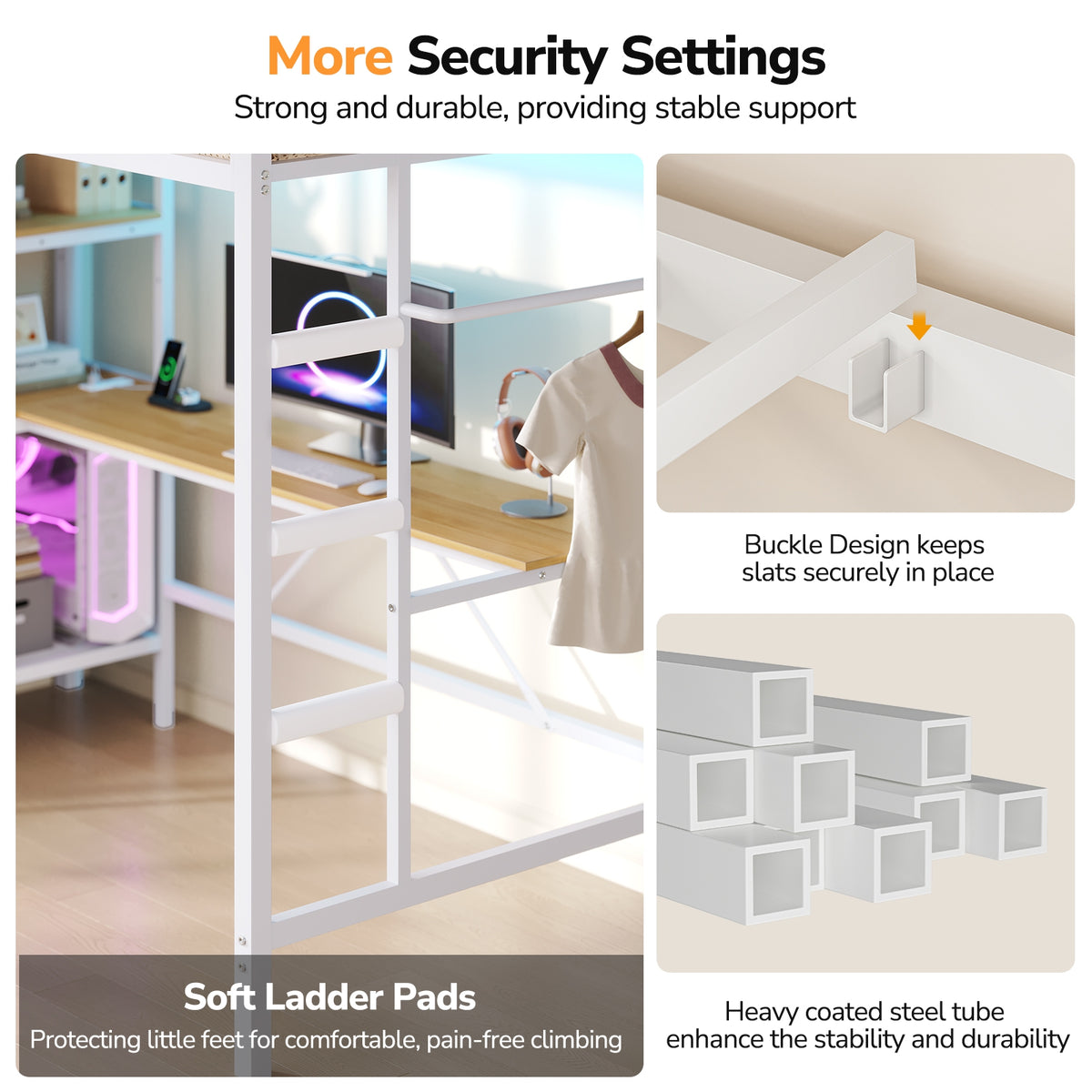 DICTAC | Loft Bed with L-Shaped Desk, Charging Station, LED Lights, Storage Shelves & Drawers - White