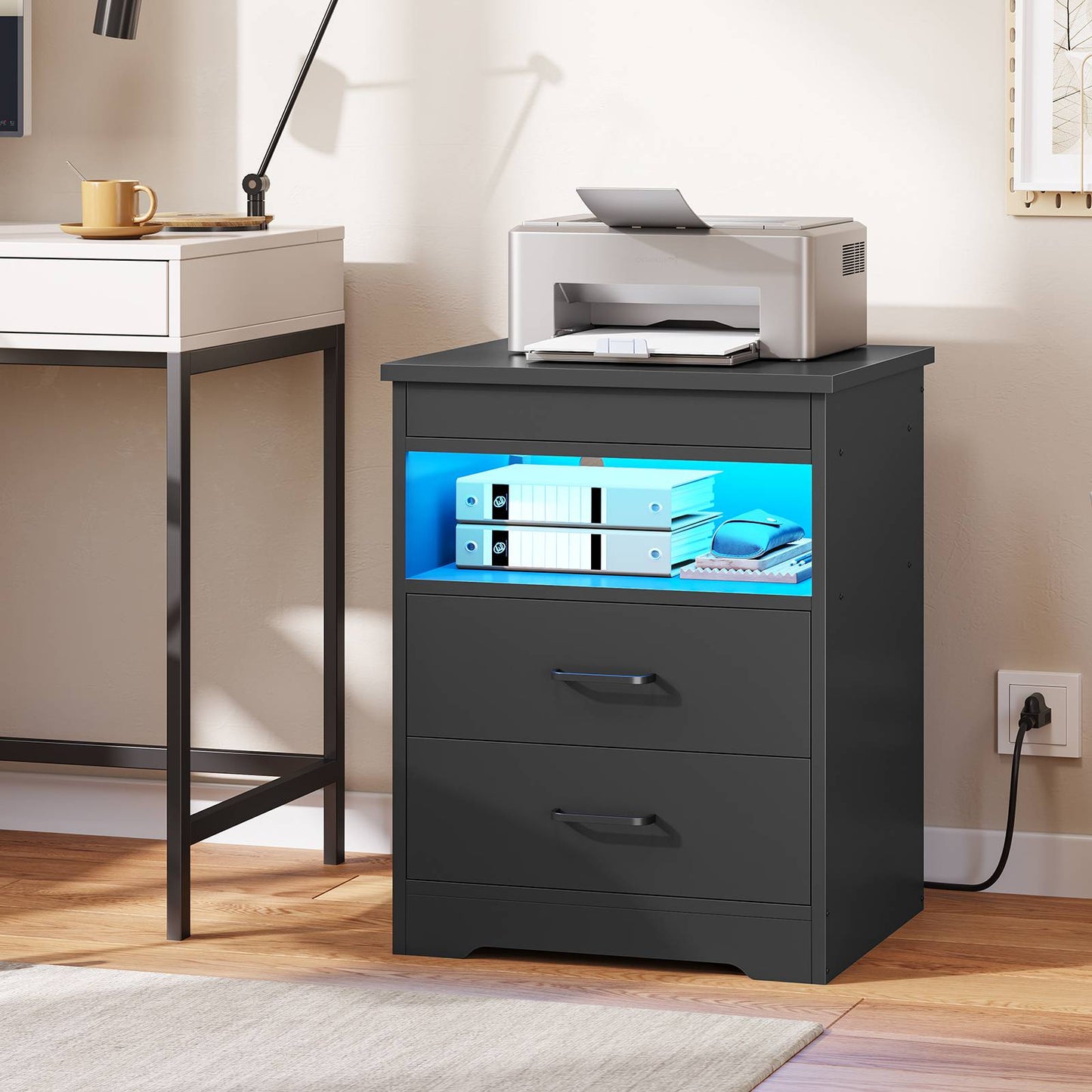 DICTAC | Modern Nightstand with Charging Station, RGB LED Lights, Lockable Sliding Drawer, Storage Drawers & Open Shelf, Black