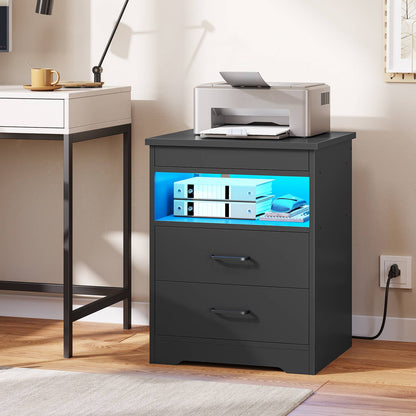 DICTAC | Modern Nightstand with Charging Station, RGB LED Lights, Lockable Sliding Drawer, Storage Drawers & Open Shelf, Black