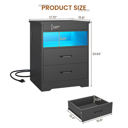 DICTAC | Modern Nightstand with Charging Station, RGB LED Lights, Lockable Sliding Drawer, Storage Drawers & Open Shelf, Black