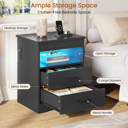 DICTAC | Modern Nightstand with Charging Station, RGB LED Lights, Lockable Sliding Drawer, Storage Drawers & Open Shelf, Black