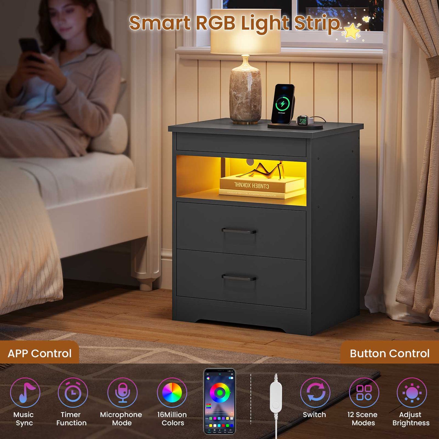 DICTAC | Modern Nightstand with Charging Station, RGB LED Lights, Lockable Sliding Drawer, Storage Drawers & Open Shelf, Black