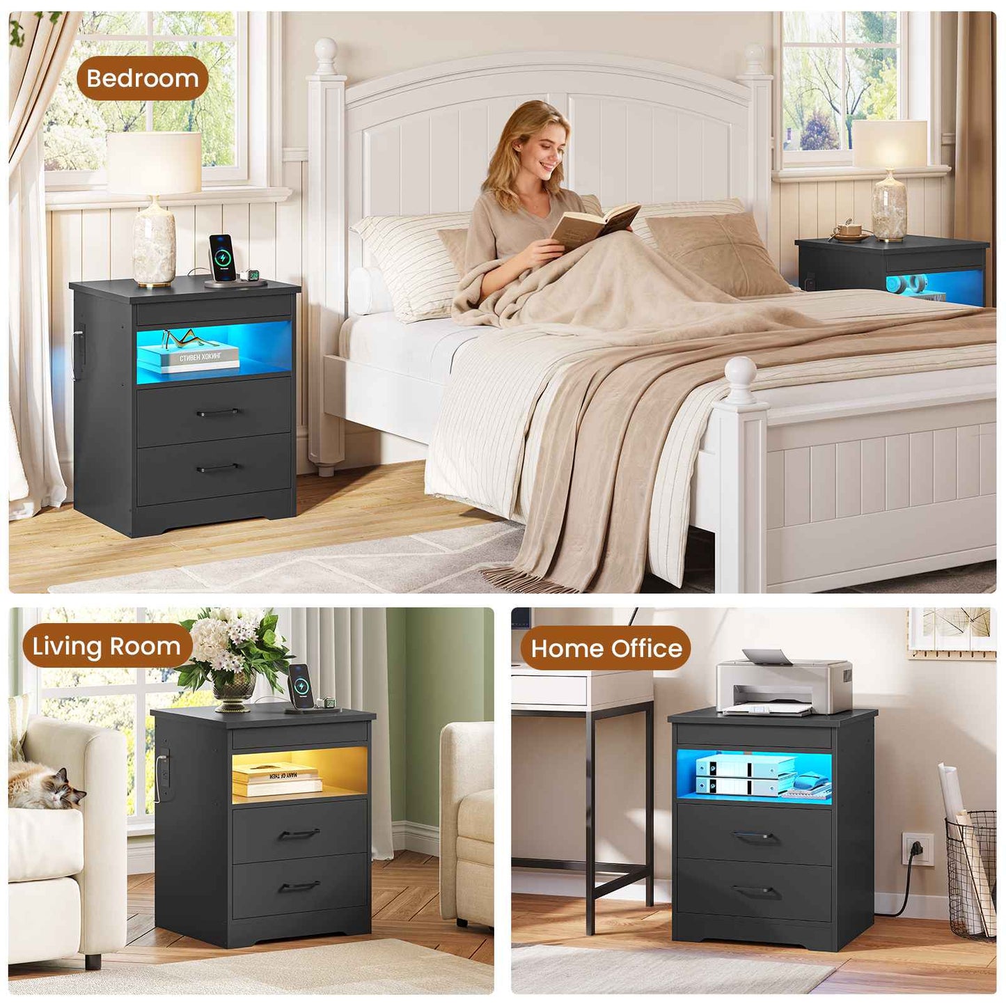 DICTAC | Modern Nightstand with Charging Station, RGB LED Lights, Lockable Sliding Drawer, Storage Drawers & Open Shelf, Black