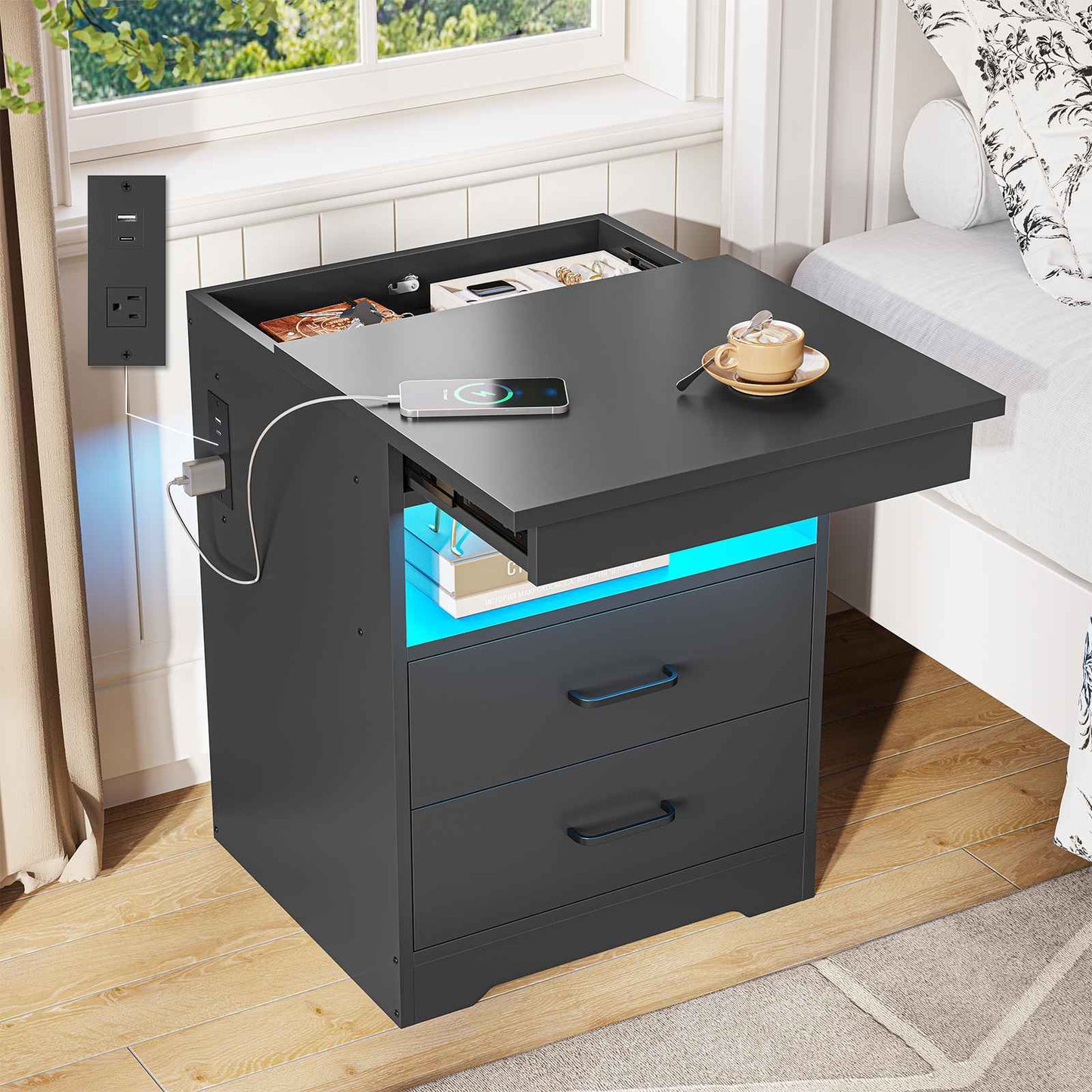 DICTAC | Modern Nightstand with Charging Station, RGB LED Lights, Lockable Sliding Drawer, Storage Drawers & Open Shelf, Black
