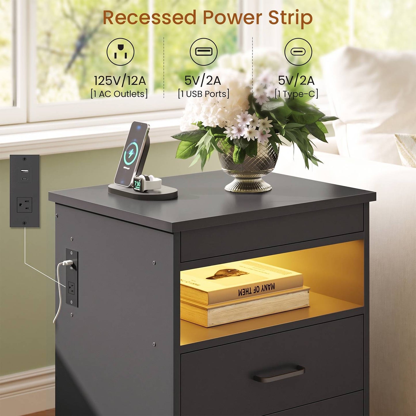 DICTAC | Modern Nightstand with Charging Station, RGB LED Lights, Lockable Sliding Drawer, Storage Drawers & Open Shelf, Black