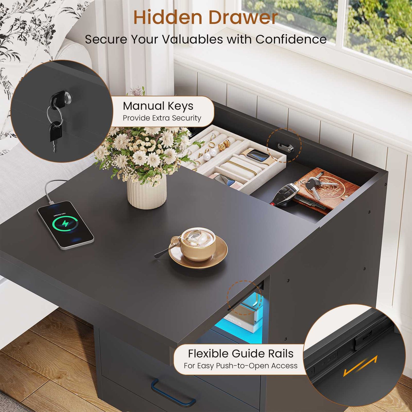 DICTAC | Modern Nightstand with Charging Station, RGB LED Lights, Lockable Sliding Drawer, Storage Drawers & Open Shelf, Black