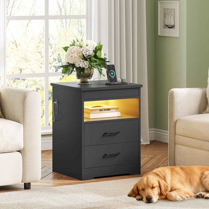 DICTAC | Modern Nightstand with Charging Station, RGB LED Lights, Lockable Sliding Drawer, Storage Drawers & Open Shelf, Black