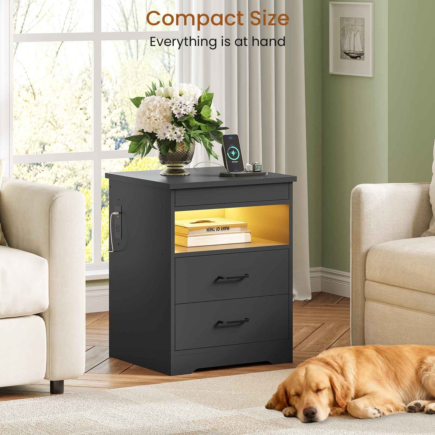 DICTAC | Modern Nightstand with Charging Station, RGB LED Lights, Lockable Sliding Drawer, Storage Drawers & Open Shelf, Black