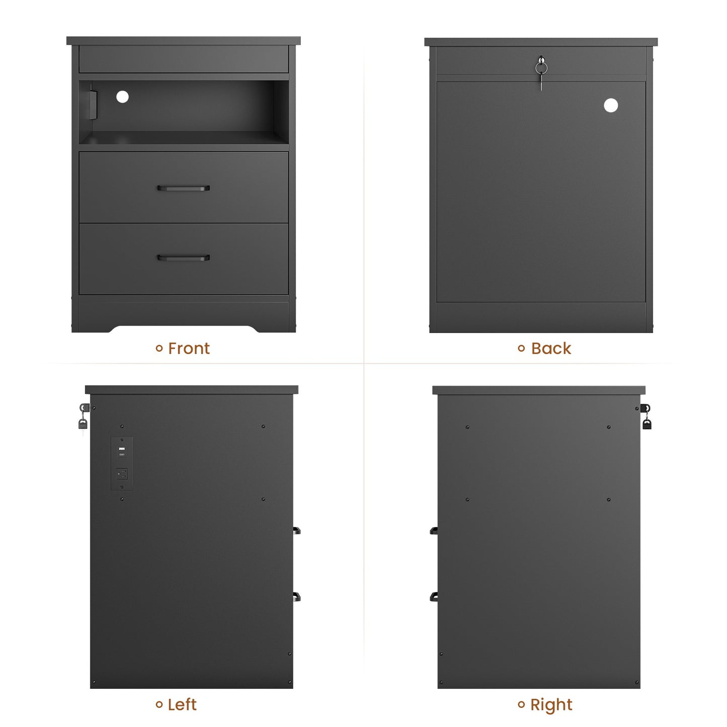 DICTAC | Modern Nightstand with Charging Station, RGB LED Lights, Lockable Sliding Drawer, Storage Drawers & Open Shelf, Black