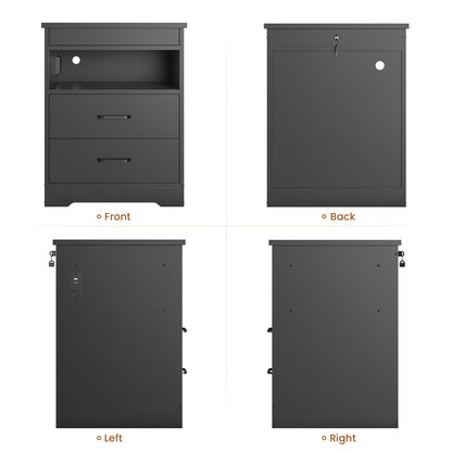 DICTAC | Modern Nightstand with Charging Station, RGB LED Lights, Lockable Sliding Drawer, Storage Drawers & Open Shelf, Black