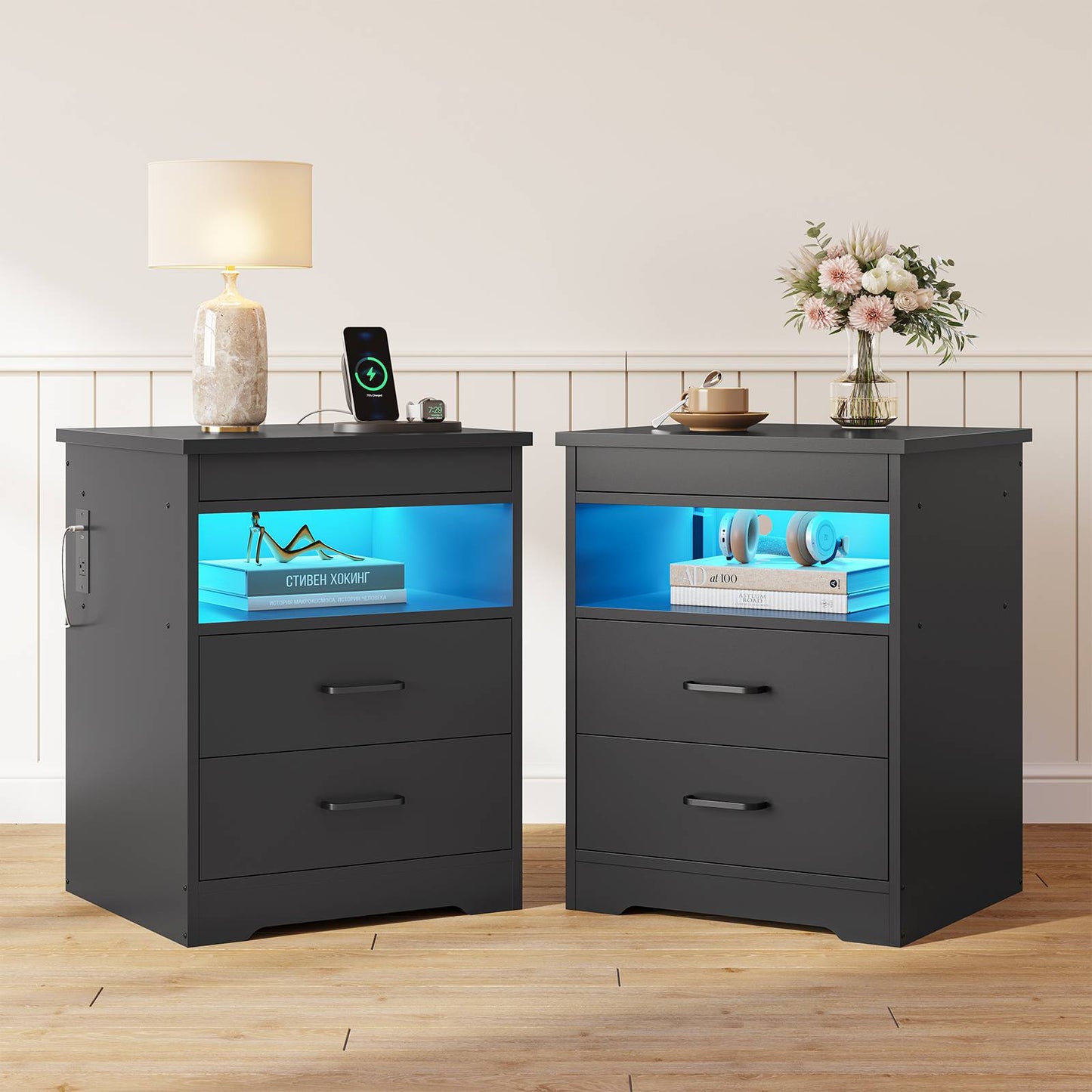 DICTAC | Modern Nightstand with Charging Station, RGB LED Lights, Lockable Sliding Drawer, Storage Drawers & Open Shelf, Black