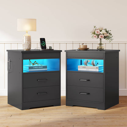 DICTAC | Modern Nightstand with Charging Station, RGB LED Lights, Lockable Sliding Drawer, Storage Drawers & Open Shelf, Black