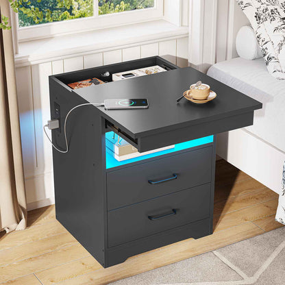 DICTAC | Modern Nightstand with Charging Station, RGB LED Lights, Lockable Sliding Drawer, Storage Drawers & Open Shelf, Black