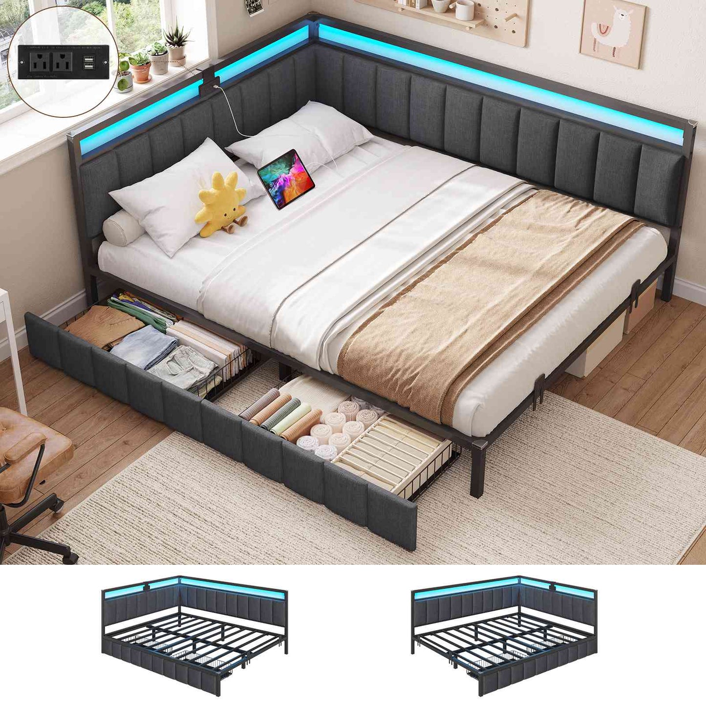 DICTAC | Corner Bed Frame with Storage Drawers, LED Lights & Charging Station, Upholstered Daybed (Oak Gray)