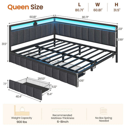 DICTAC | Corner Bed Frame with Storage Drawers, LED Lights & Charging Station, Upholstered Daybed (Oak Gray)