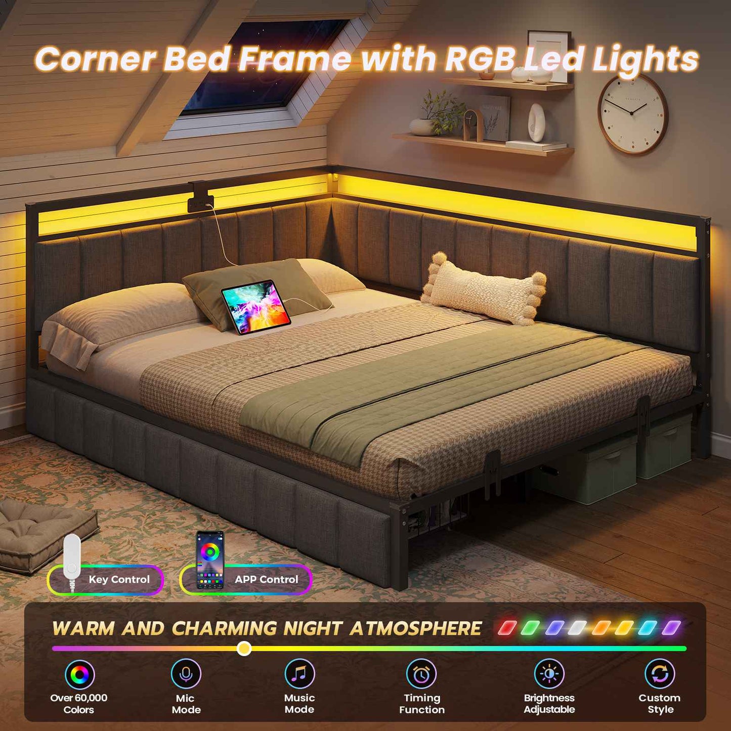 DICTAC | Corner Bed Frame with Storage Drawers, LED Lights & Charging Station, Upholstered Daybed (Oak Gray)