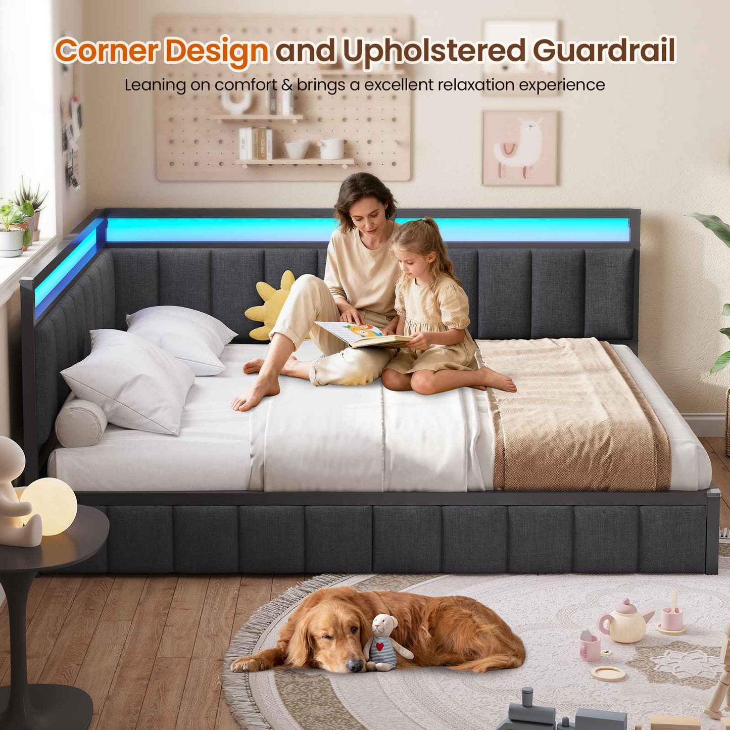 DICTAC | Corner Bed Frame with Storage Drawers, LED Lights & Charging Station, Upholstered Daybed (Oak Gray)