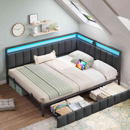 DICTAC | Corner Bed Frame with Storage Drawers, LED Lights & Charging Station, Upholstered Daybed (Oak Gray)
