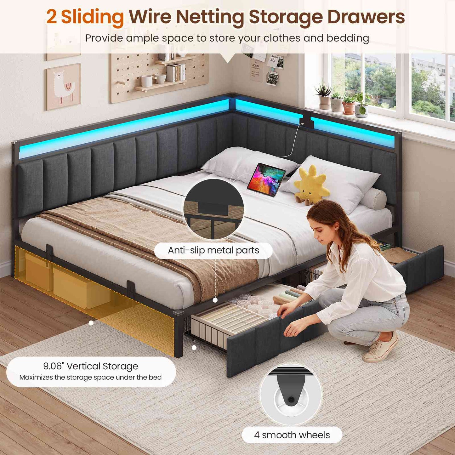 DICTAC | Corner Bed Frame with Storage Drawers, LED Lights & Charging Station, Upholstered Daybed (Oak Gray)