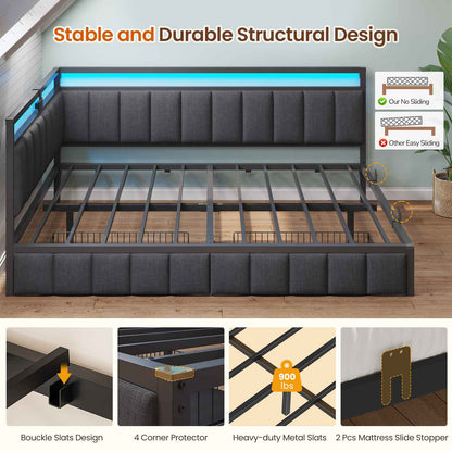 DICTAC | Corner Bed Frame with Storage Drawers, LED Lights & Charging Station, Upholstered Daybed (Oak Gray)