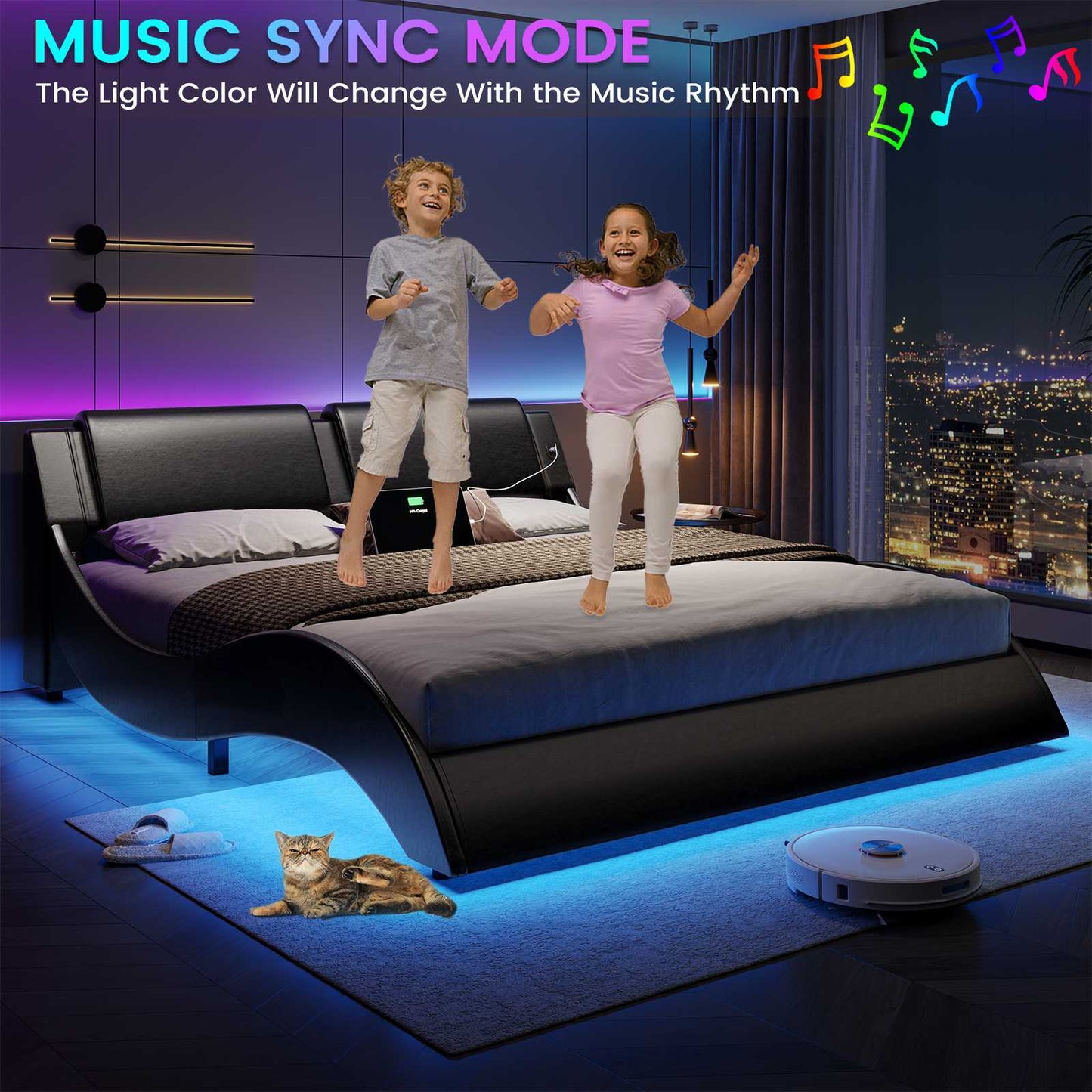 DICTAC | Low Profile LED Bed Frame with Wave Design, Upholstered Headboard & Charging Ports (King/Queen/California King, Black)