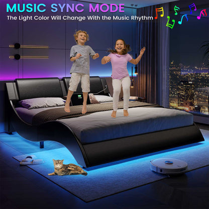 DICTAC | Low Profile LED Bed Frame with Wave Design, Upholstered Headboard & Charging Ports (King/Queen/California King, Black)