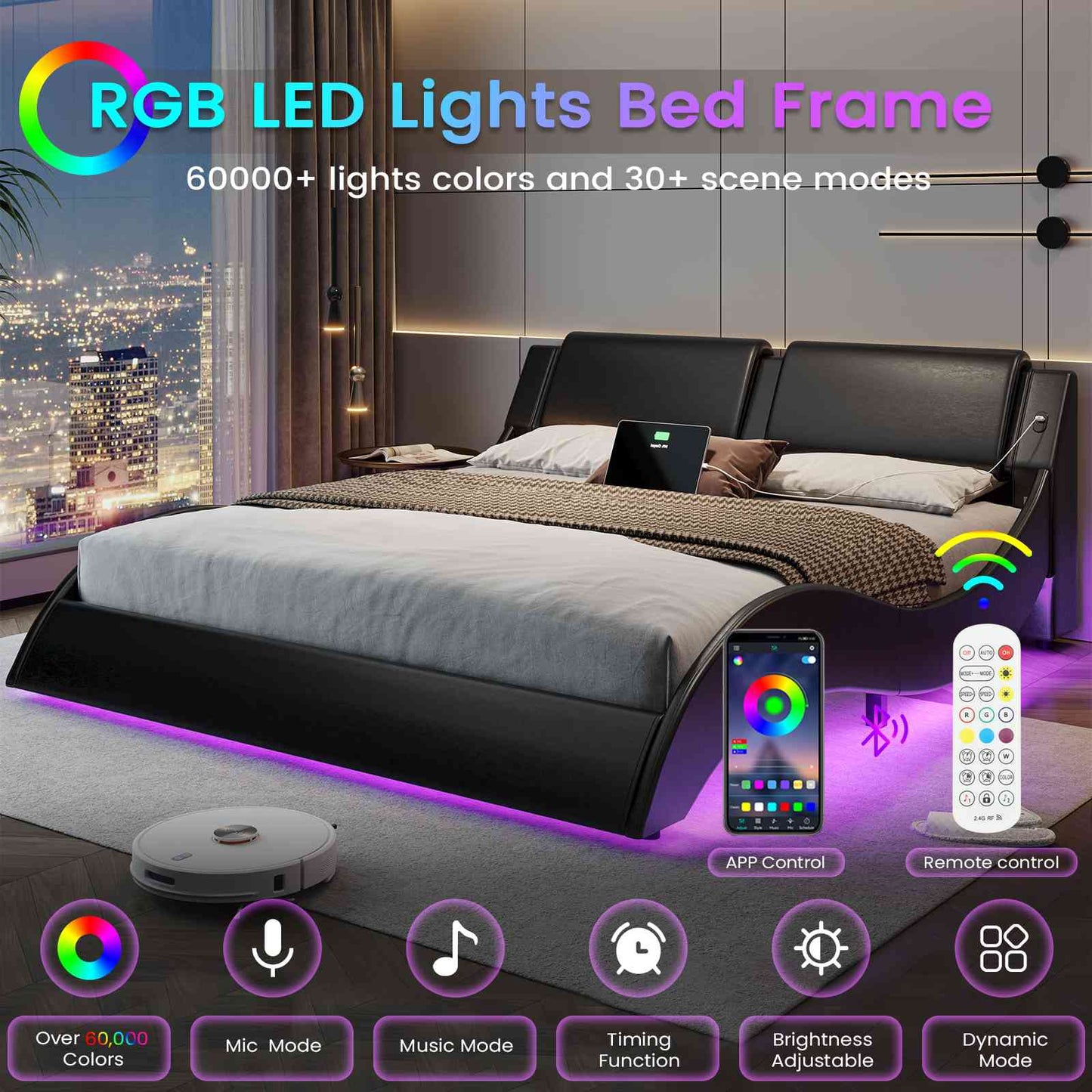 DICTAC | Low Profile LED Bed Frame with Wave Design, Upholstered Headboard & Charging Ports (King/Queen/California King, Black)