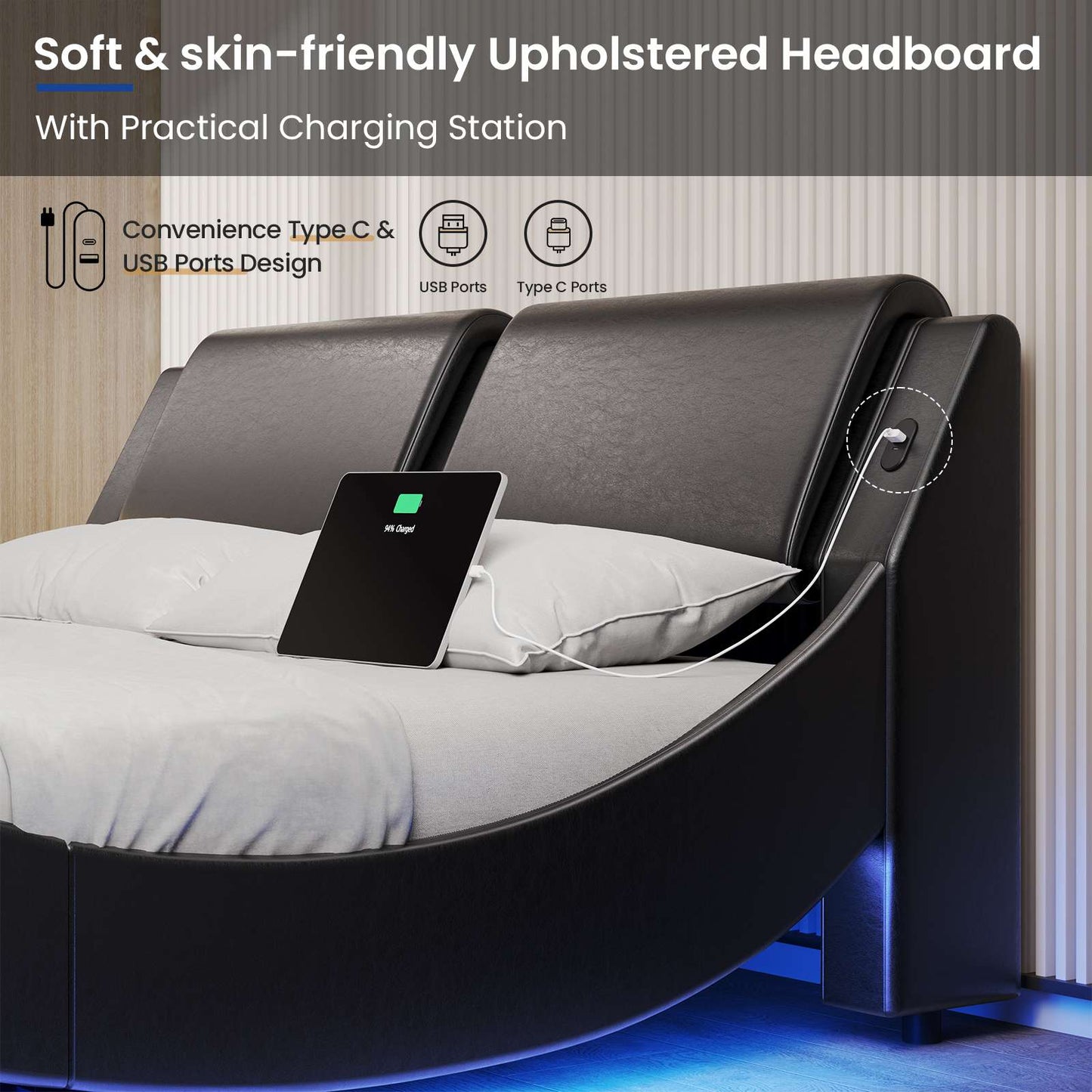 DICTAC | Low Profile LED Bed Frame with Wave Design, Upholstered Headboard & Charging Ports (King/Queen/California King, Black)
