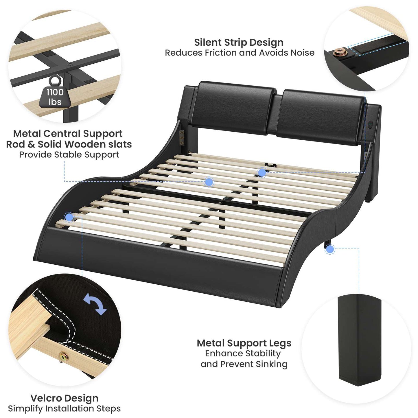 DICTAC | Low Profile LED Bed Frame with Wave Design, Upholstered Headboard & Charging Ports (King/Queen/California King, Black)