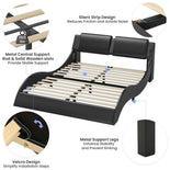 DICTAC | Bed Frame with Upholstered Headboard, Low Profile Platform Bed with Wave Design & Charging Station