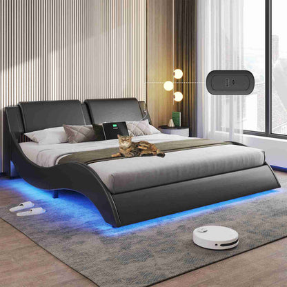 DICTAC | Low Profile LED Bed Frame with Wave Design, Upholstered Headboard & Charging Ports (King/Queen/California King, Black)