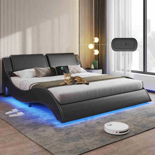 DICTAC | Low Profile LED Bed Frame with Wave Design, Upholstered Headboard & Charging Ports (King/Queen/California King, Black)