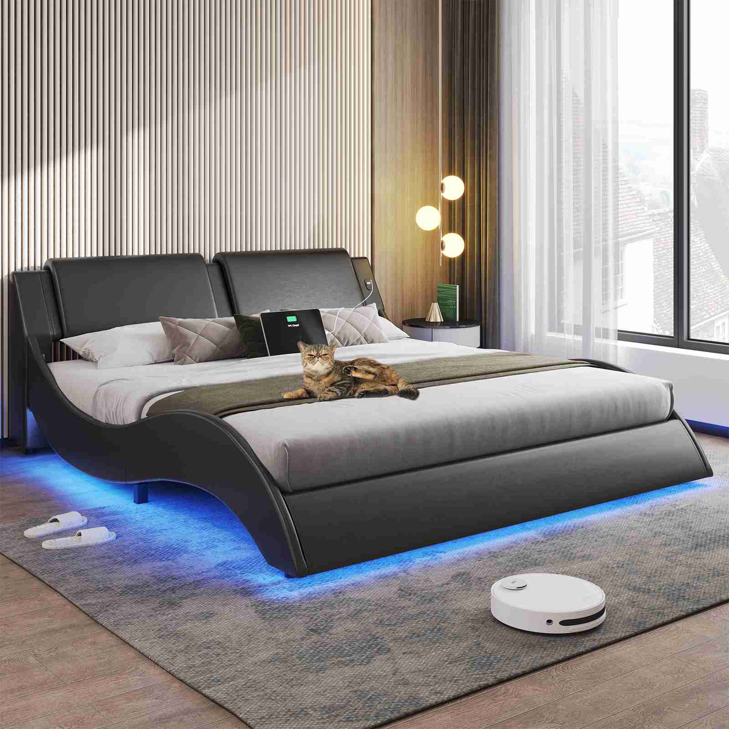 DICTAC | Low Profile LED Bed Frame with Wave Design, Upholstered Headboard & Charging Ports (King/Queen/California King, Black)