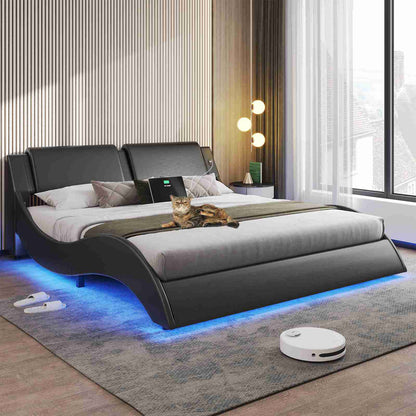 DICTAC | Low Profile LED Bed Frame with Wave Design, Upholstered Headboard & Charging Ports (King/Queen/California King, Black)