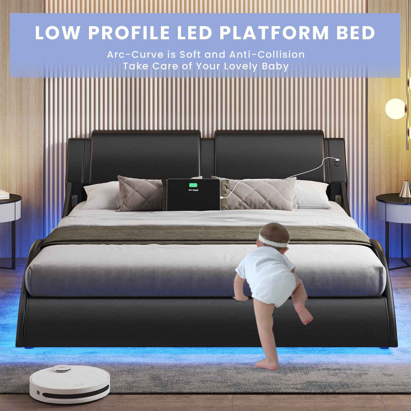 DICTAC | Low Profile LED Bed Frame with Wave Design, Upholstered Headboard & Charging Ports (King/Queen/California King, Black)