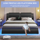 DICTAC | Bed Frame with Upholstered Headboard, Low Profile Platform Bed with Wave Design & Charging Station