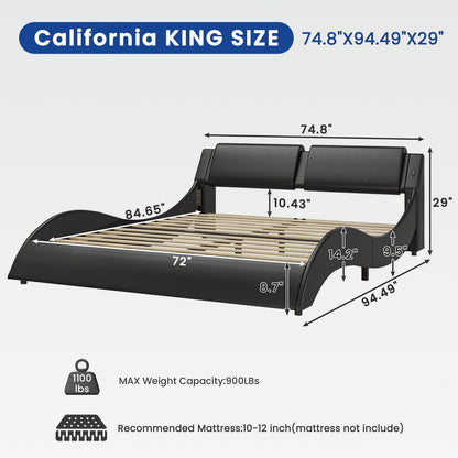 DICTAC | Low Profile LED Bed Frame with Wave Design, Upholstered Headboard & Charging Ports (King/Queen/California King, Black)