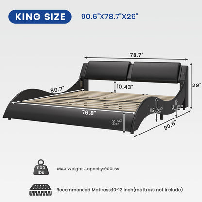 DICTAC | Low Profile LED Bed Frame with Wave Design, Upholstered Headboard & Charging Ports (King/Queen/California King, Black)