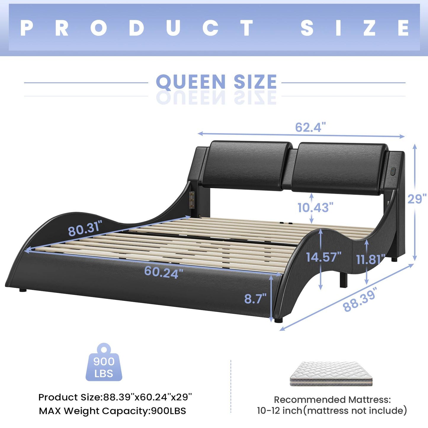 DICTAC | Low Profile LED Bed Frame with Wave Design, Upholstered Headboard & Charging Ports (King/Queen/California King, Black)