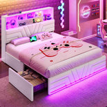 DICTAC | Gaming Bed with 4 Drawers, Storage Headboard, Charging Station & RGB LED Lights - White