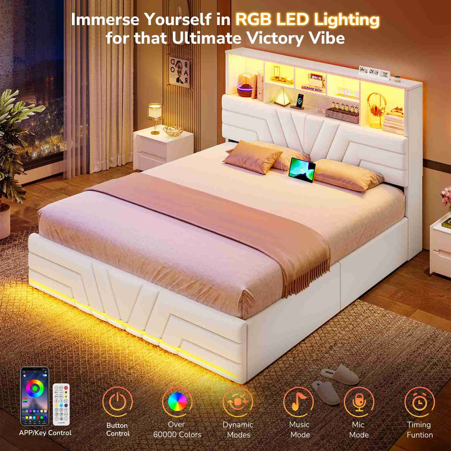 DICTAC | Gaming Bed Frame with 4 Drawers, RGB LED Lights, Charging Station & Storage Headboard, White