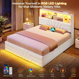 DICTAC | Gaming Bed with 4 Drawers, Storage Headboard, Charging Station & RGB LED Lights - White